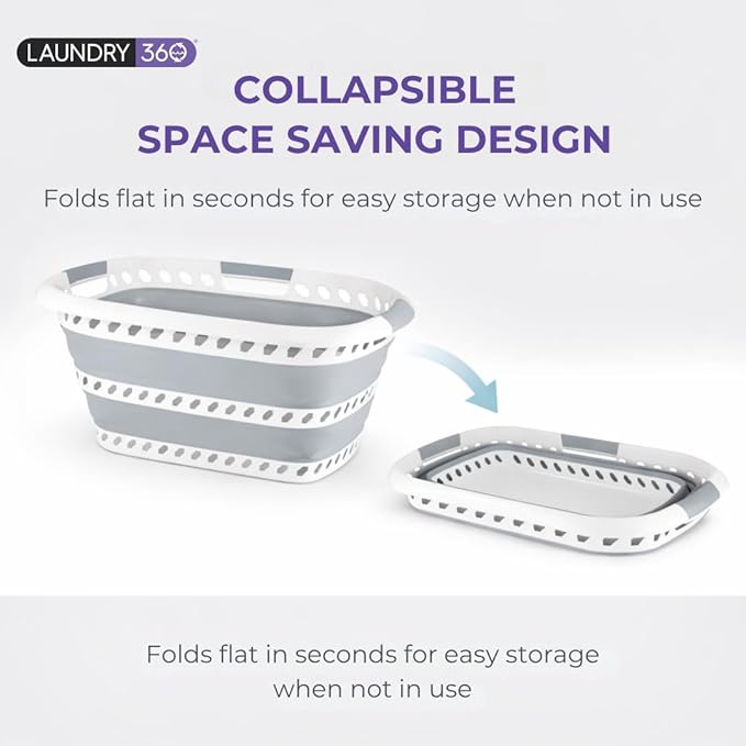 Laundry 360 Collapsible Laundry Basket 40L | Portable | Space Saver Storage | Hold 2 Loads | Store Under the Bed or Closet | Good for Kids | Dorm | Bedroom | Large | White/Grey