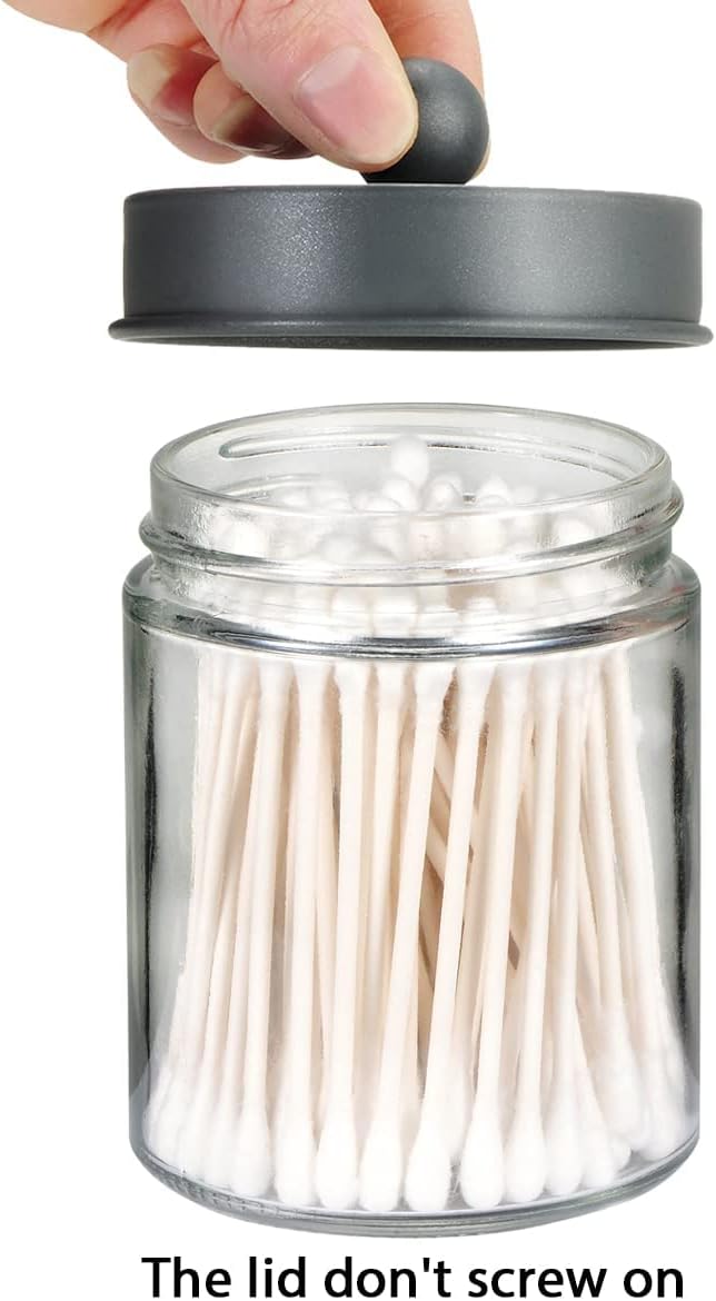 Amolliar Apothecary Jars Bathroom Storage Organizer - Cute Qtip Dispenser Holder Vanity Canister Jar Glass with Lid for Cotton Swabs,Rounds,Bath Salts,Makeup Sponges,Hair Accessories/Grey（2 Pack）