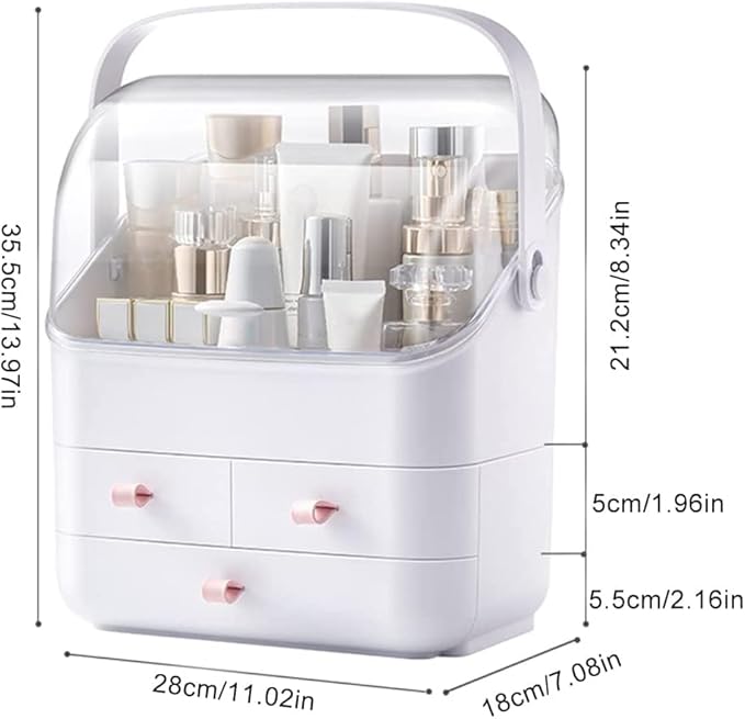 LINFIDITE Cosmetic Storage Box with Lid Makeup Organizer Box with Dust Free Cover Portable Handle,Large Makeup Display Case with Drawers Fully Open Lid,Great for Dresser Bathroom Countertop