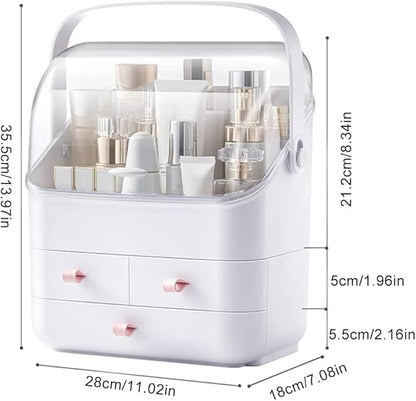 LINFIDITE Cosmetic Storage Box with Lid Makeup Organizer Box with Dust Free Cover Portable Handle,Large Makeup Display Case with Drawers Fully Open Lid,Great for Dresser Bathroom Countertop