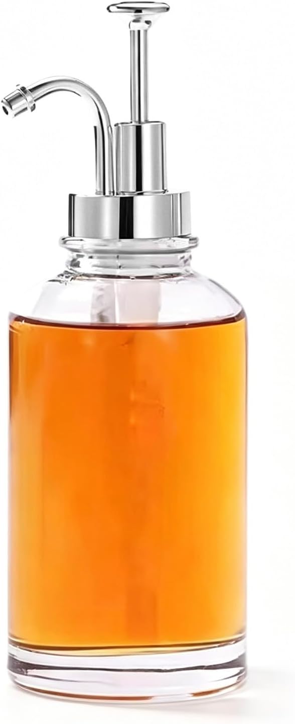 Asixxsix Coffee Syrup Dispenser, 500ml Clear Thickened Glass Soap Dispenser Bottle with PP Press Pump, High and Low Temperature Proof, Syrup Containers for Maple Honey (Silver Pump Head)