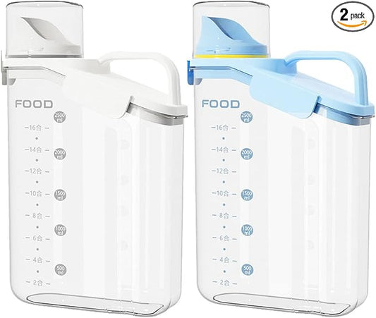Total 2 items Cereal Containers Storage,Each2.5L Airtight Large Dry Food Storage .1 Blue 1 White.with Measuring Cup，BPA Free Plastic Dispenser，Suitable for Storing Grains Flour and Various Foods.