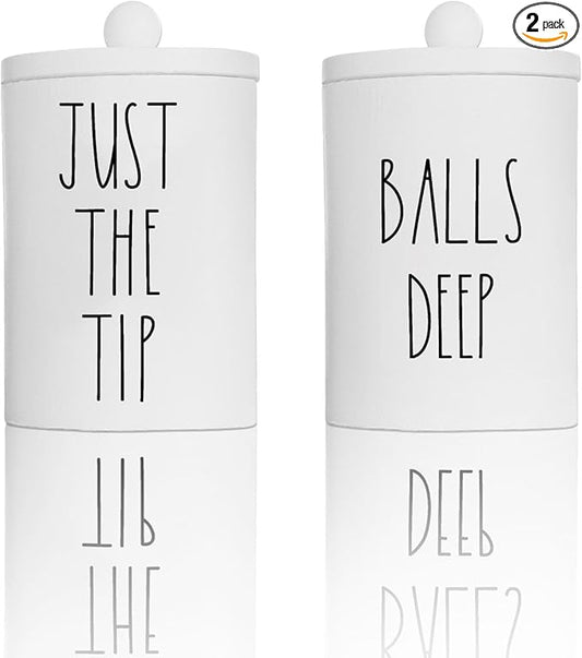 Farmhouse Apothecary Jars, Qtip & Cotton Ball Holder with Lids, Funny Rustic Cotton Swab Canisters for Bathroom Decor Storage Organization (White)