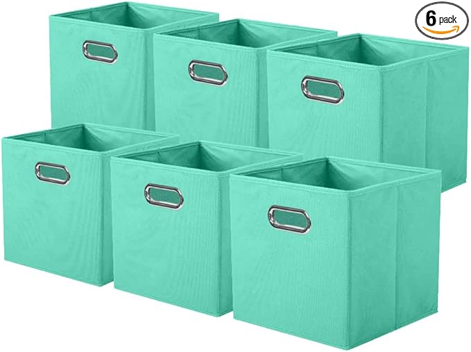 ShellKingdom Storage Bins, Foldable Fabric Storage Cubes And Cloth Storage Organizer Drawer with Metal Handle For Closet And Toys, 11 X 10.5 X 10.5 INCH, 6 Pack (Mint Green)