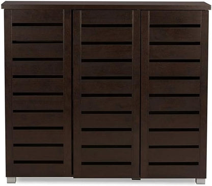 BOWERY HILL Contemporary 3 Door Wooden Shoe Cabinet, 20 Pairs Shoe Rack Storage Organizer in Dark Brown