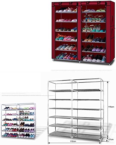 Free Standing Shoe Cabinet Double Rows 12 Lattices Combination Style Shoe Cabinet with Nonwoven Fabric Cover for Bedroom Entryway Hallway Living Room，Grey
