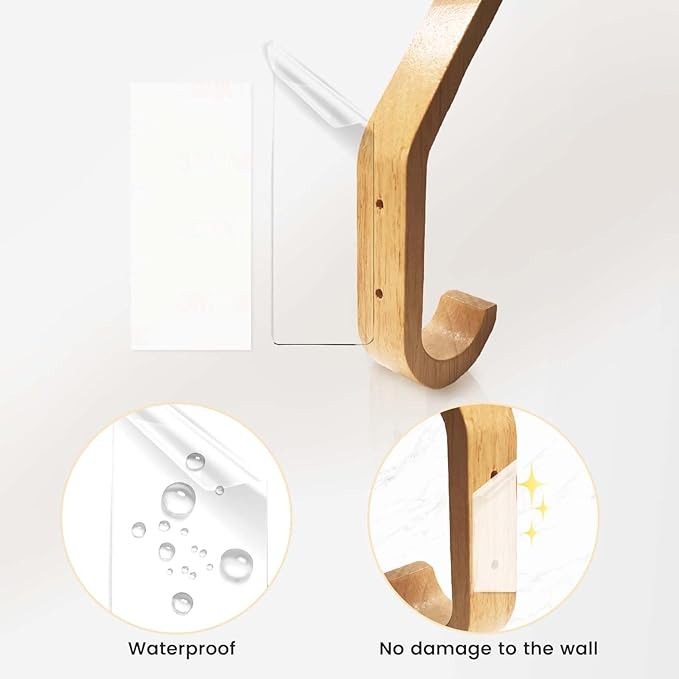 Daily Treasures 4 Pack Hats Storage Wall Mounted,Wooden Hat Rack Hook,Double Hook Design Wall Mounted for Coat,Adhesive/Wall Caps Holder Drilled for Door, Bedroom, Closet（Beech Wood）