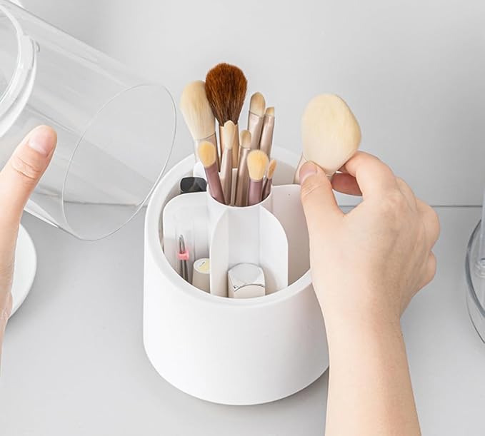 Fantasee 360° Rotating Makeup Brush Organizer, 7-Compartment Storage with Transparent Dustproof Cover, Cosmetic Tools Storage Holder for Bathroom Vanity Countertop (Classic White, Cylindrical)