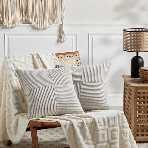 Fancy Homi 2 Packs Neutral Grey Euro Decorative Throw Pillow Covers 26x26 Inch for Couch Bed Sofa, Rustic Farmhouse Boho Home Decor, Soft Corss Corduroy Patchwork Textured Square Cushion Case 66x66 cm - Image 6