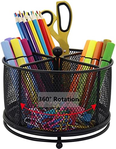 Pen Holder for Desk, 360 Rotating Mesh Pencil Organizer Marker Storage Caddy, Black Large Capacity Desktop Stationery Organizer, 4 Compartments for Home Office School Kids Art Supplies by Flytreal