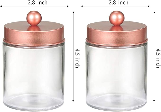 Amolliar Apothecary Jars Bathroom Storage Organizer -Countertop Storage Organizer Canister - Attractive Qtip Dispenser Holder Glass with Lid- for Cotton Swabs,Bath Salts,Hair Band / 2-Pack(Rose Gold)