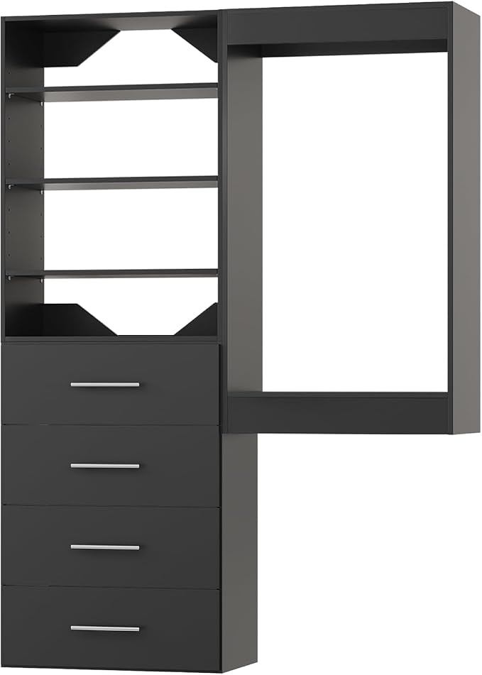 Modular Closet System, 52" Wide Closet Organizer System with Tower and Drawers, Wood Tower Closet Storage for Walk In Closets, Wall Mounted Wardrobe Organizer Kit System, Bedroom, Black