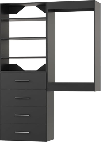 Modular Closet System, 52" Wide Closet Organizer System with Tower and Drawers, Wood Tower Closet Storage for Walk In Closets, Wall Mounted Wardrobe Organizer Kit System, Bedroom, Black