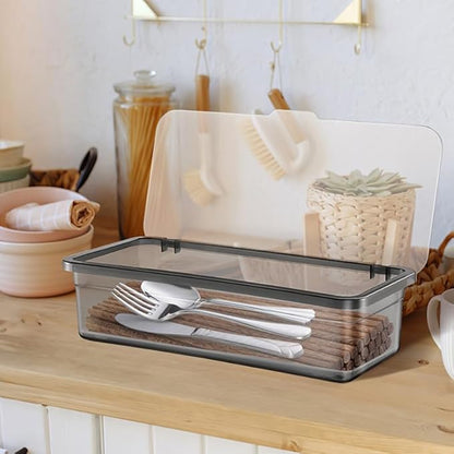 Tofficu Tableware Storage Box with Drain Plate 10.55X4.72X2.75In Covered Utensil Organizer for Kitchen Drawer Countertop Silverware Holder for Chopsticks and Cutlery