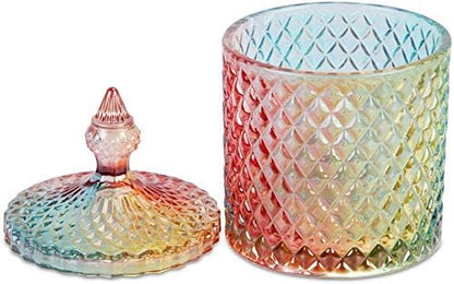 Colorful Home Decorative Jar Qtips Holder Dispenser Glass Storage Container Bathroom Counter Vanity Organizer for Bath Salts/Swabs/Rounds Makeup Sponges Toothpick Jewelry(Rainbow, 10 oz)