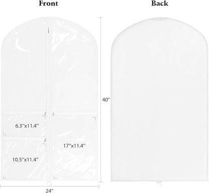 Univivi Dance Costume Garment Bag, 40 Inch Garment Bags for Dance Costumes Kids Dance Costume Bag with 3 Medium Clear Zipper Pockets for Dance Costumes, Hanging Clothes (White)