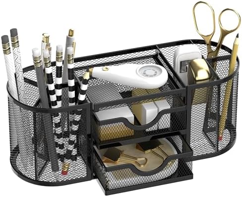 SUPEASY Mesh Desk Organizer, Pen Holder for Desk with 2 Drawers, Black by SUPEASY