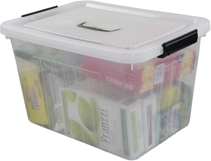 25 Quart Clear Latching Tote, Plastic Storage Bin with Black Handle, Pack of 4