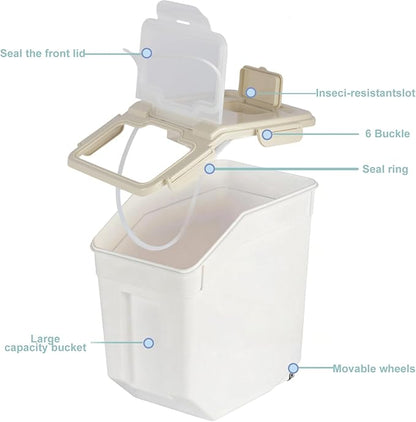 RUIAN 25lb Flour Rice Storage Containers Bin, Large Airtight Storage Container with Wheels Seal Locking Lid, with Measuring Cup&Scoop for Flour, Rice, Grain(Gray 4PCS)