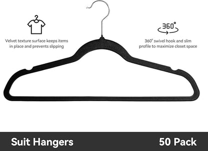Premium Velvet Hangers 50 Pack, Non-Slip Suit Clothes Hangers, 360 Degree Swivel Hooks and Slim Profile to Maximize Closet Space Black/Silver