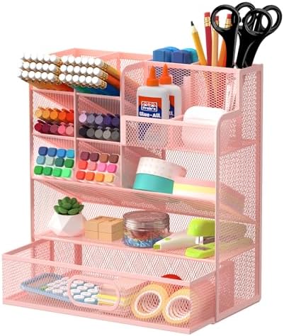 Mesh Pen Organizer for Desk, 13 Compartments with Drawer, Pink by Unknown