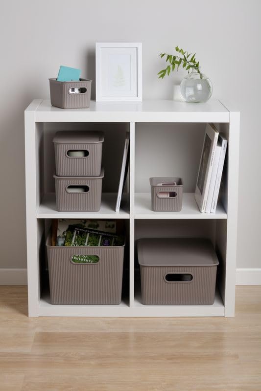Decorative Plastic Basket Open Home Storage Bins Organizer, Large Taupe (4 Pack) Container Boxes for Organizing Closet Storage Bins for Shelves Drawer Shelf - Ribbed Collection 15 Liter/16 Quart