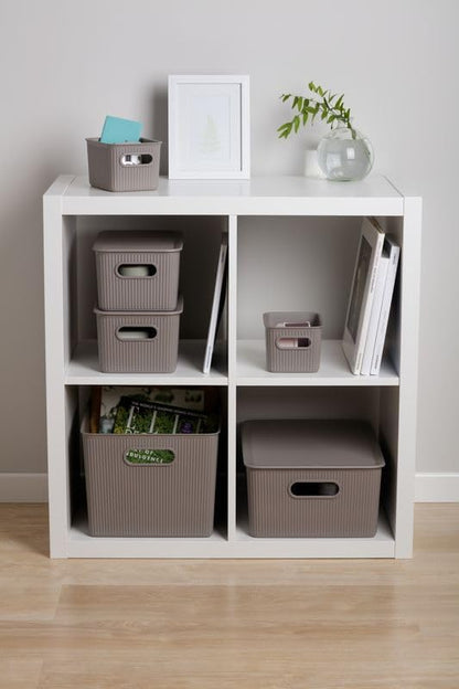 Decorative Plastic Basket Open Home Storage Bins Organizer, Large Taupe (4 Pack) Container Boxes for Organizing Closet Storage Bins for Shelves Drawer Shelf - Ribbed Collection 15 Liter/16 Quart