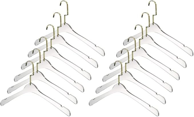 YBM Home Quality Acrylic Clear Hangers Made of Clear Acrylic for a Luxurious Look and Feel for Wardrobe Closet, Clothes Hangers Organizes Closet, Men, Gold w/Flat Hook, 4104-12
