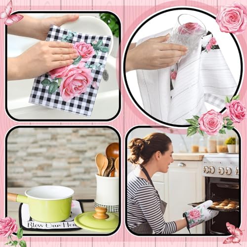 Leinuosen 8 Pcs Pink Rose Kitchen Towels and Dishcloths Sets Pot Holders and Oven Mitts Sets Absorbent Kitchen Gloves Potholders Heat Resistant for Chef Baking Cooking - Image 6
