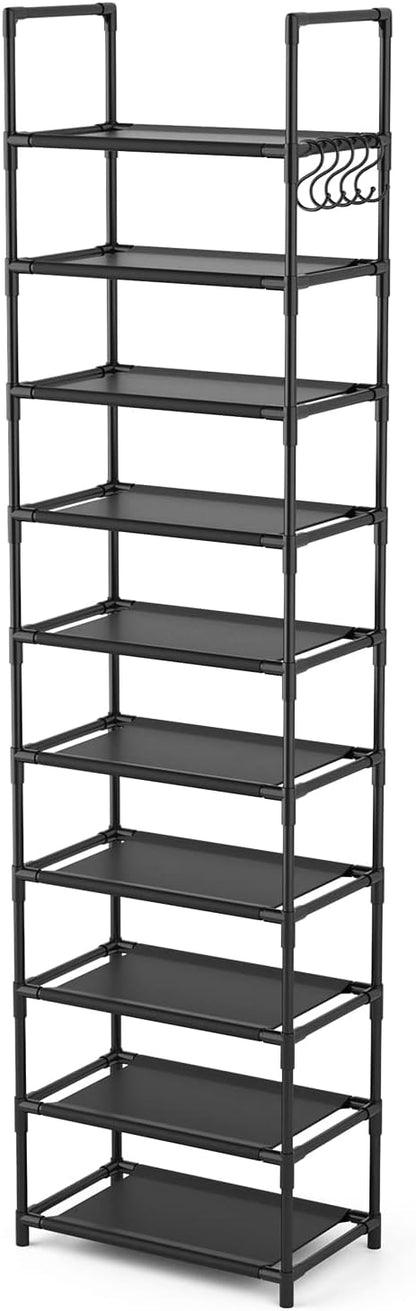LANTEFUL 10 Tiers Tall Shoe Rack 20-25 Pairs Boots Organizer Storage Sturdy Narrow Shoe Shelf for Entryway, Closets with Hooks, Black