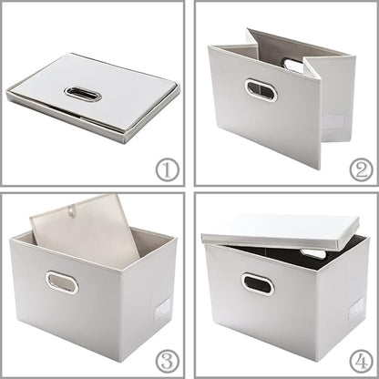 PRANDOM Collapsible Storage Bins with Lids [3-Pack] Leather Fabric Foldable Storage Boxes Organizer Containers Baskets Cube with Cover for Bedroom Closet Office Nursery White (14.9x10.8x10)