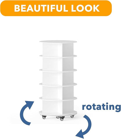 SpaceAid Spinning Shoe Rack with Wheels, 5 Tier Rotating Organizer Shoe Tower Lazy Susan with Thick Bottom, 360 Display Revolving Storage Shelf, Round Circular Rotate Organization, White