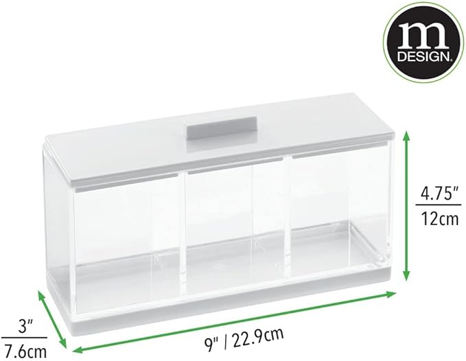 mDesign Cosmetic Divided Organizer Storage Canister Box with 3 Sections and Lid for Bathroom Vanity Countertop - Holder for Cotton Swabs, Perfume, Lipstick - Lumiere Collection - Clear/White