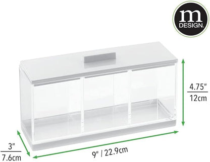 mDesign Cosmetic Divided Organizer Storage Canister Box with 3 Sections and Lid for Bathroom Vanity Countertop - Holder for Cotton Swabs, Perfume, Lipstick - Lumiere Collection - Clear/White