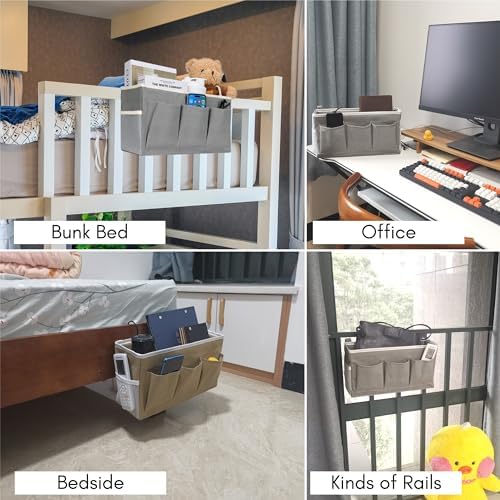 Kanrichu Bedside Caddy Hanging Storage Bag, Organizer Baskets with Pockets for Bunk Bed Accessories, Loft & Dorm Rooms Chair Bed Rails (Gray) - Image 2