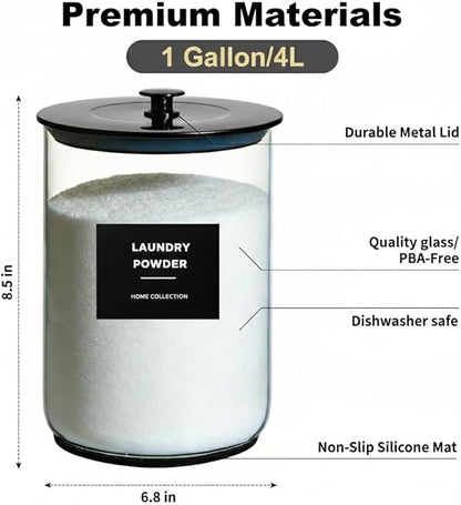 2 Pack 1 Gallon Glass Laundry Detergent Dispenser for Powder, 4L Large Laundry Pods Holder with Hygienic Plastic Lids & Metal Rim, Airtight Glass Canister Set with Scoops & Labels, Black