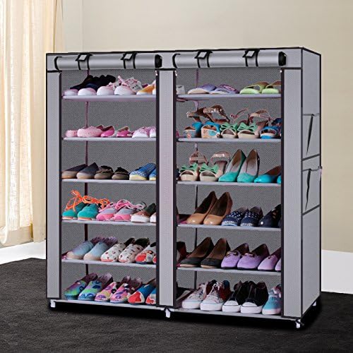 Free Standing Shoe Cabinet Double Rows 12 Lattices Combination Style Shoe Cabinet with Nonwoven Fabric Cover for Bedroom Entryway Hallway Living Room，Grey