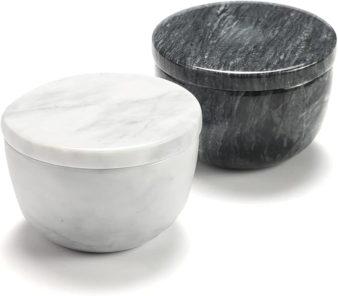 jalz jalz Marble Salt and Pepper Box Set with Spoons and Lid, Salt Cellar Salt Keeper Container, Black and White, Large Capacity 10 Ounce Bowl, 4 inch Diameter, 2.8 inch Height