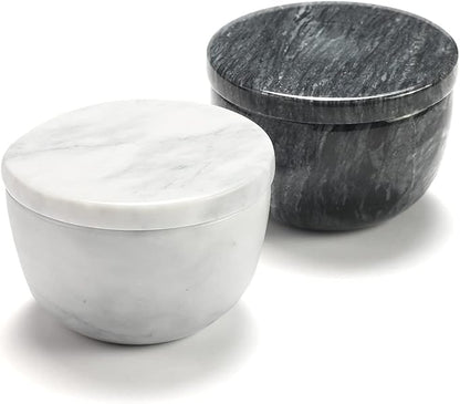 jalz jalz Marble Salt and Pepper Box Set with Spoons and Lid, Salt Cellar Salt Keeper Container, Black and White, Large Capacity 10 Ounce Bowl, 4 inch Diameter, 2.8 inch Height