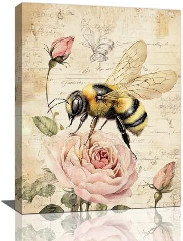 Rustic Bee Bathroom Pictures Wall Art, Vintage Floral Bathroom Wall Decor, Pink Rose Flower Framed Painting Canvas Artwork for Bedroom Living Room Decorations 16" L x 12" W by Taimeng