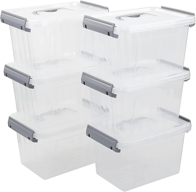 Sandmovie 3 Quart Small Plastic Storage Bin, Clear Storage Latch Box with Lids, 6 Packs