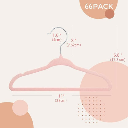 ManGotree 11" Baby Velvet Hangers, Non-Slip Kids Coat Hangers with 360° Swivel Hook, Ultra-Thin Felt Children's Hanger for Infant & Toddler Clothes, 66 Pack (Light Pink)