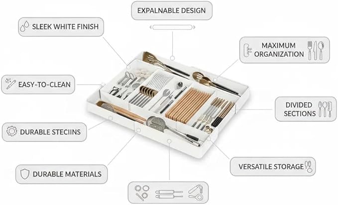 Utensil Organizer for Kitchen Drawers, Expandable Cooking Utensil Tray for Forks,Spoons, Knives,Space-Saving Expandable Cutlery Tray with Dividers, Fits Utensils of Various Sizes for Kitchen