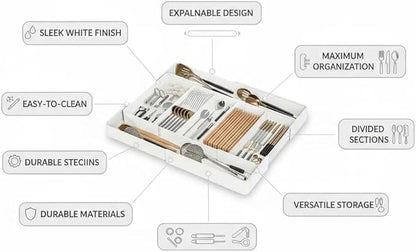 Utensil Organizer for Kitchen Drawers, Expandable Cooking Utensil Tray for Forks,Spoons, Knives,Space-Saving Expandable Cutlery Tray with Dividers, Fits Utensils of Various Sizes for Kitchen