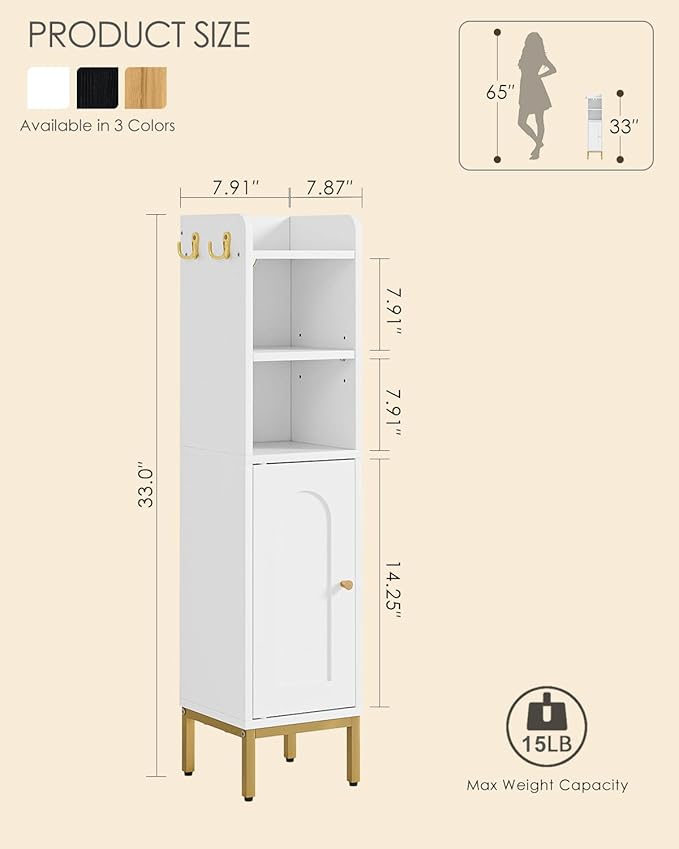 Bathroom Storage Cabinet, Small Corner Floor Hutch with Door and Adjustable Shelves, Narrow Toilet Paper Cabinet with Two Hooks, Bathroom Organizer for Small Spaces