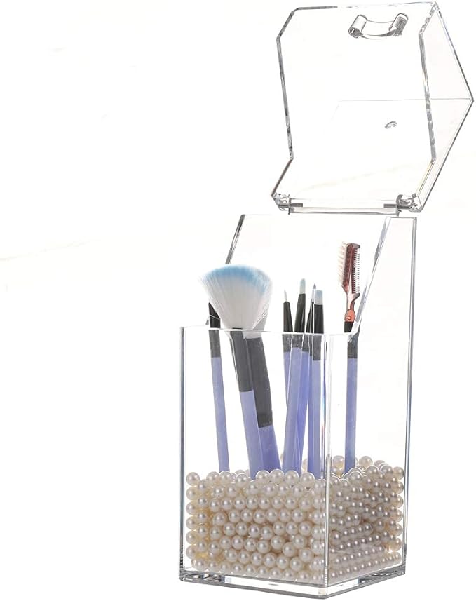 Sooyee Makeup Brush Holder,Makeup Brush Organizer with 8mm White Pearls,Dustproof Makeup Brush holder with Lid