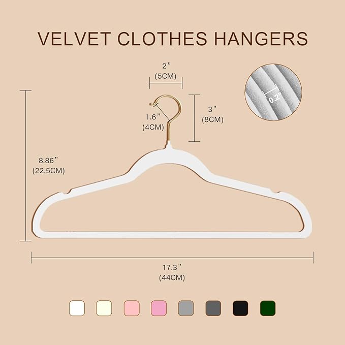 52 Packs Velvet Clothes Hangers, 17.3 Inches Non-Slip Skirt Hangers with Shoulder Notches, Space Saving Clothing Hangers for Adults, White with Gold Hook