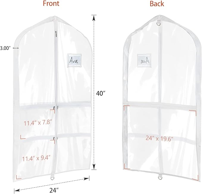 Univivi Clear PVC Dance Costume Garment Bag 40 Inch Hanging Garment Bag for Dance for Kids, with 4 Medium Clear Zipper Pockets and 1 Large Back Zippered Pocket (5 Pack)