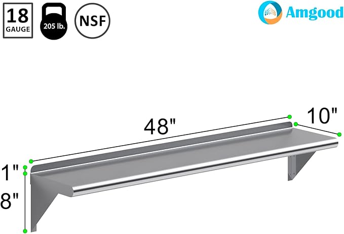 AmGood 10 in. x 48 in. Stainless Steel Wall Shelf | NSF | Metal Shelving | Garage, Laundry, Storage, Utility Room | Restaurant, Commercial Kitchen