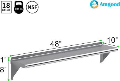 AmGood 10 in. x 48 in. Stainless Steel Wall Shelf | NSF | Metal Shelving | Garage, Laundry, Storage, Utility Room | Restaurant, Commercial Kitchen